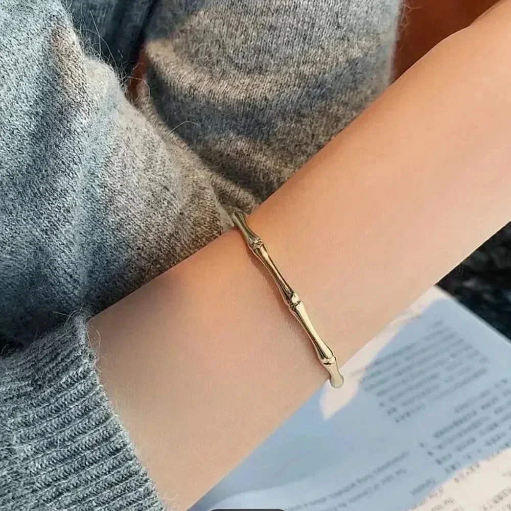 Silver Bamboo Bangle Bracelet Minimalist Open Cuff Stackable Modern NWT